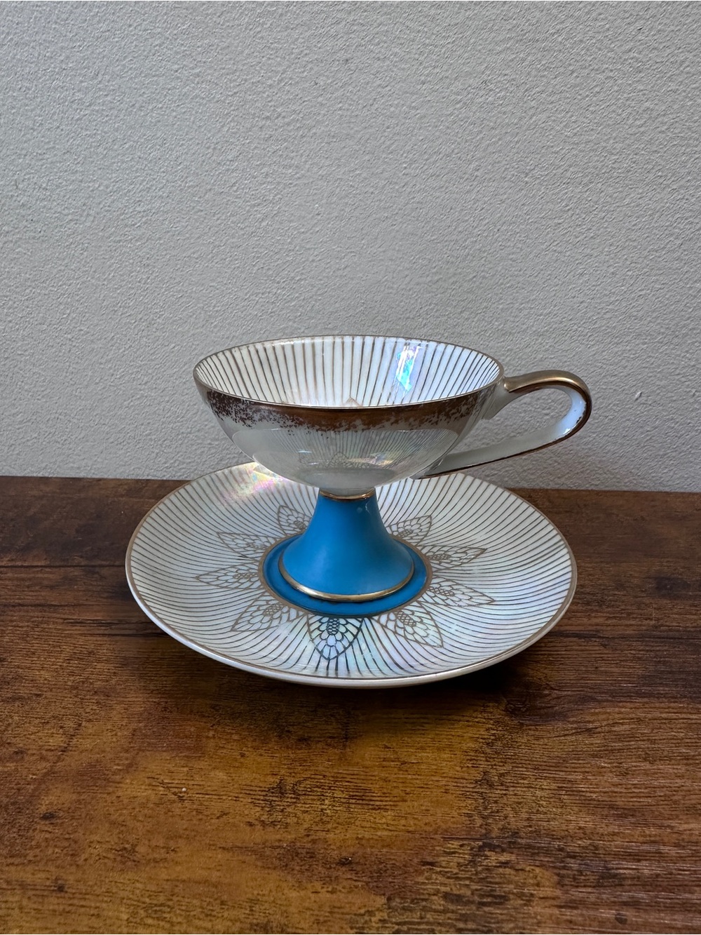 Vtg Royal Halsey Lipper Mann Blue Iridescent Pedestal Teacup Saucer Japan Gilt